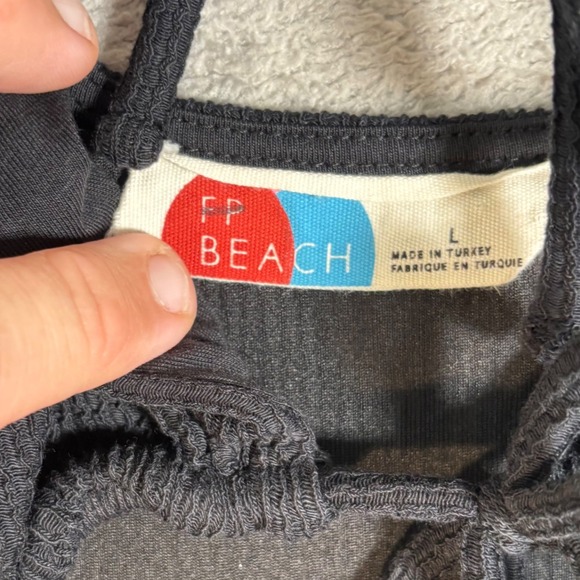 FP Beach Black Ribbed Mini Dress Size L Button Front Cutout Tie Neck Free People - Picture 3 of 12